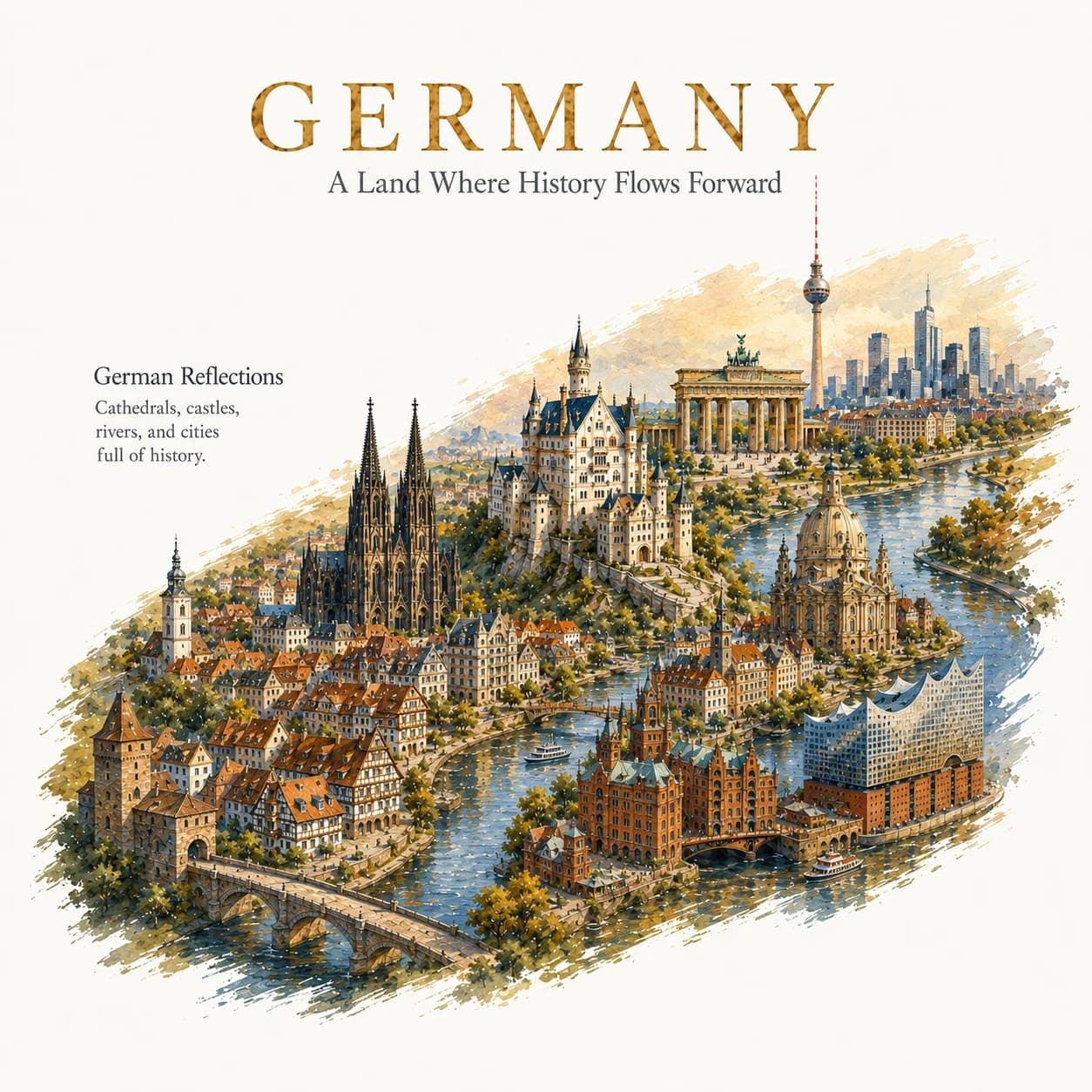 Illustrated collage of German landmarks, rivers, and cities